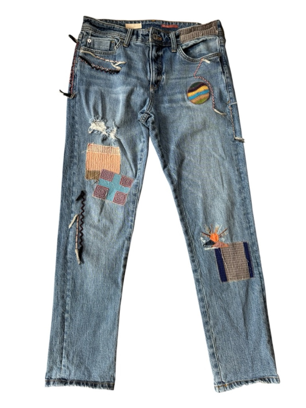 Pilcro Boyfriend Slim Boho Patch Embroidered Jeans